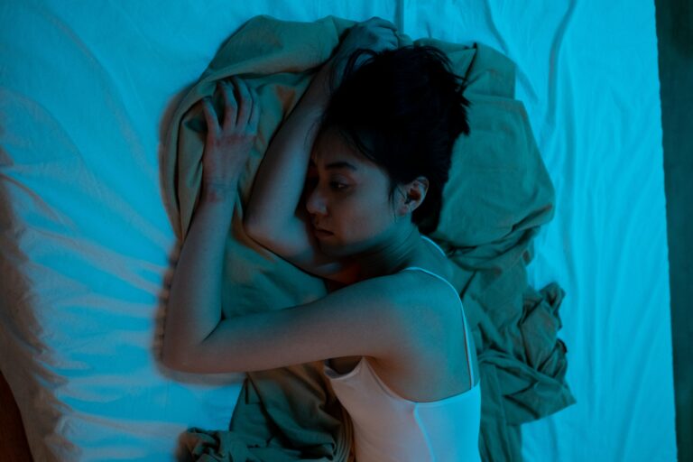 Girl sleeping with blue light